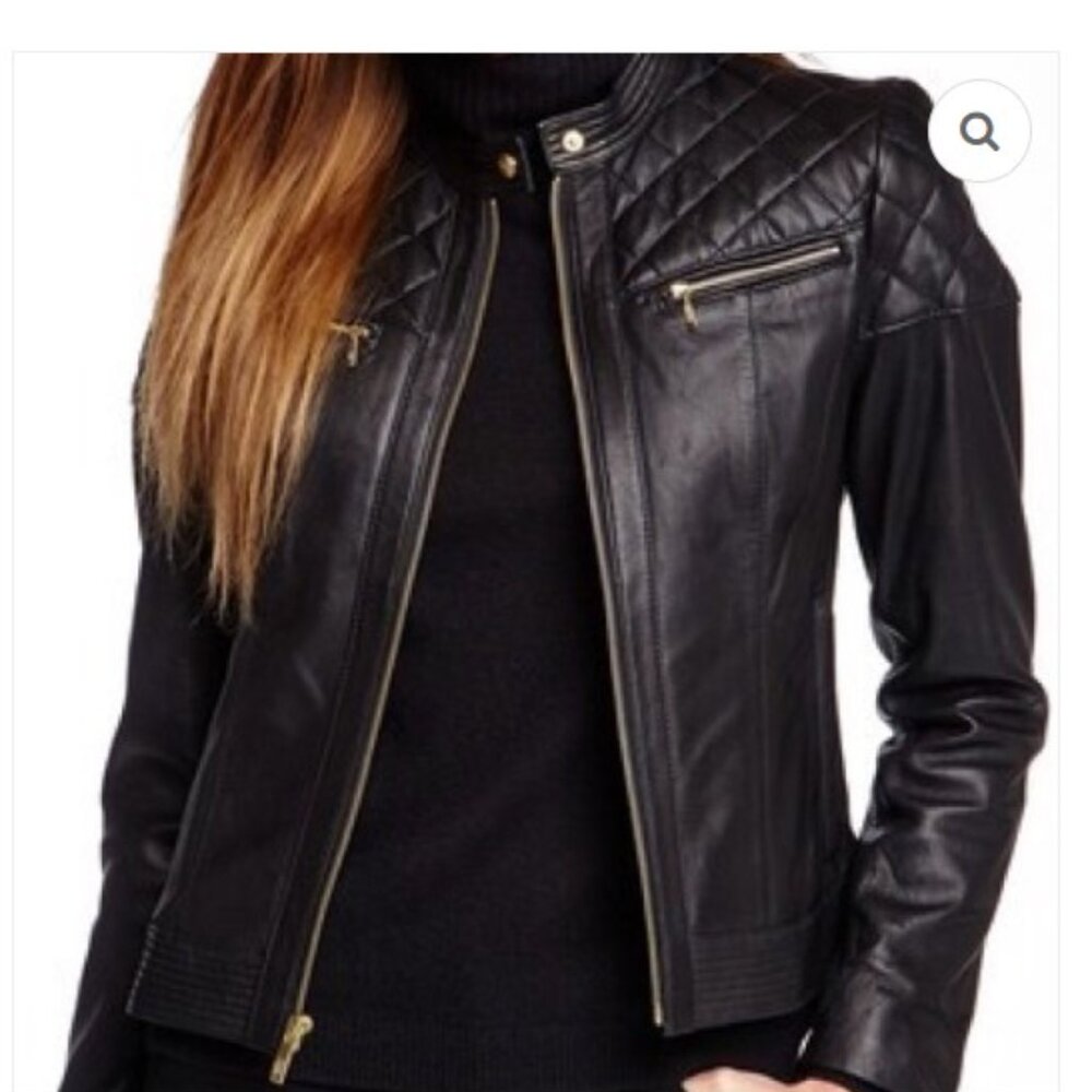Cole Haan Black Lambskin Leather Jacket with gold accents XS.